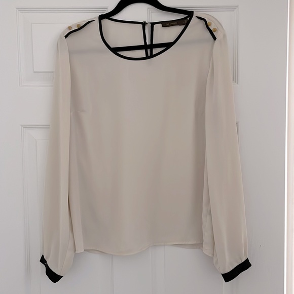 The Limited Tops - The Limited Off White and Navy Long Sleeve Blouse with Buttons Large